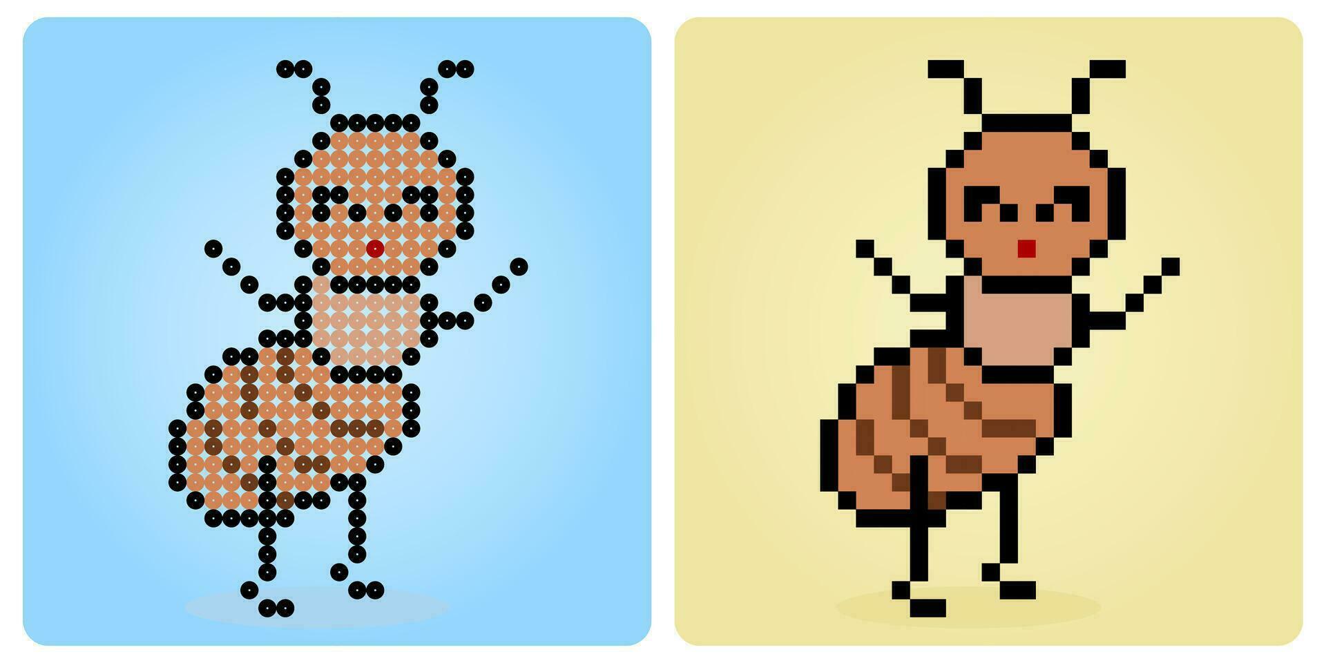 8 bisschen Pixel Ameise Charakter. Tiere zum Spiel Vermögenswerte und Perlen Muster im Vektor Illustrationen.