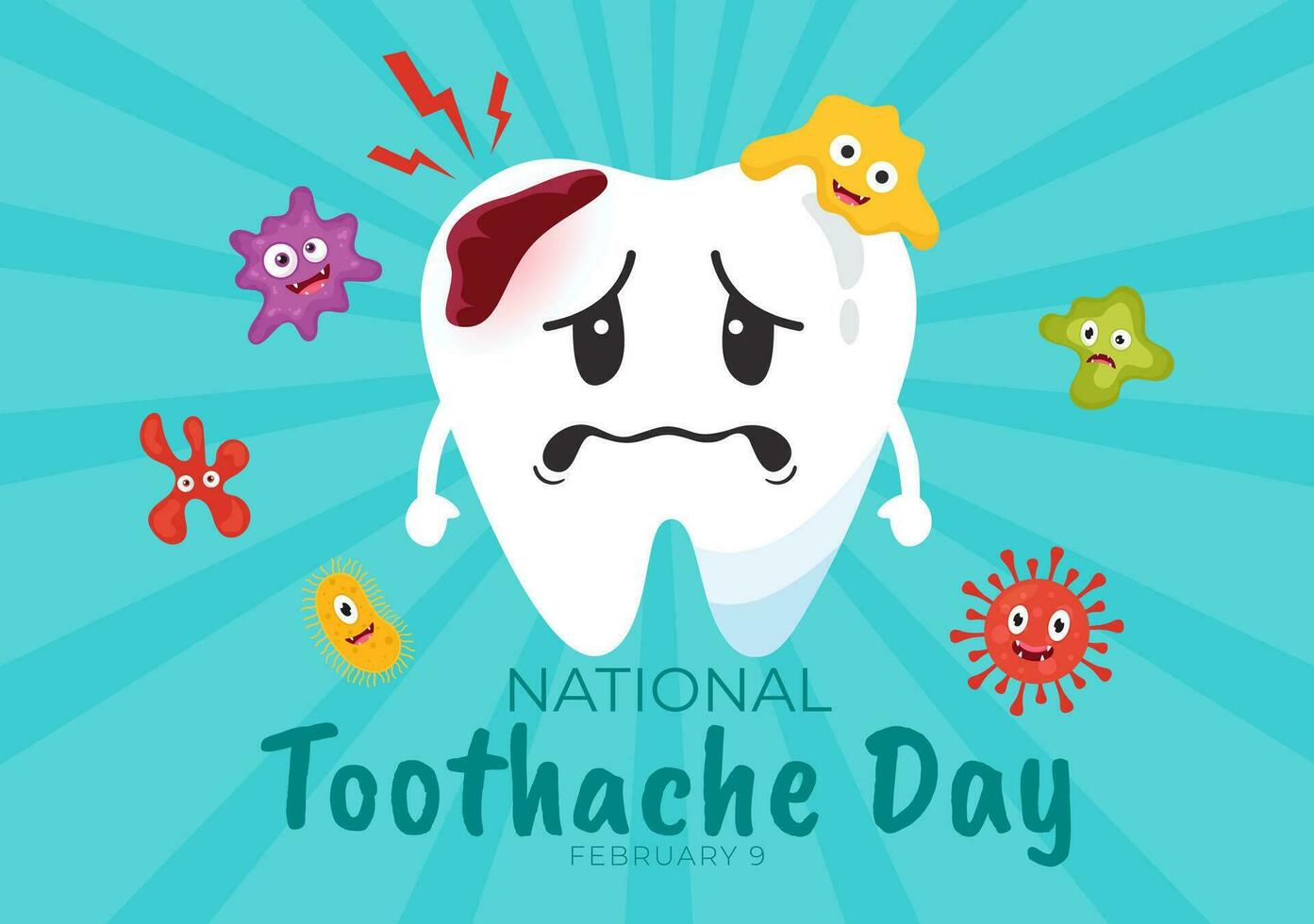 National Zahnschmerzen Tag Vektor Illustration auf Februar 9 zum Dental Hygiene damit wie nicht zu Ursache Schmerzen von Keime oder Bakterien im eben Hintergrund