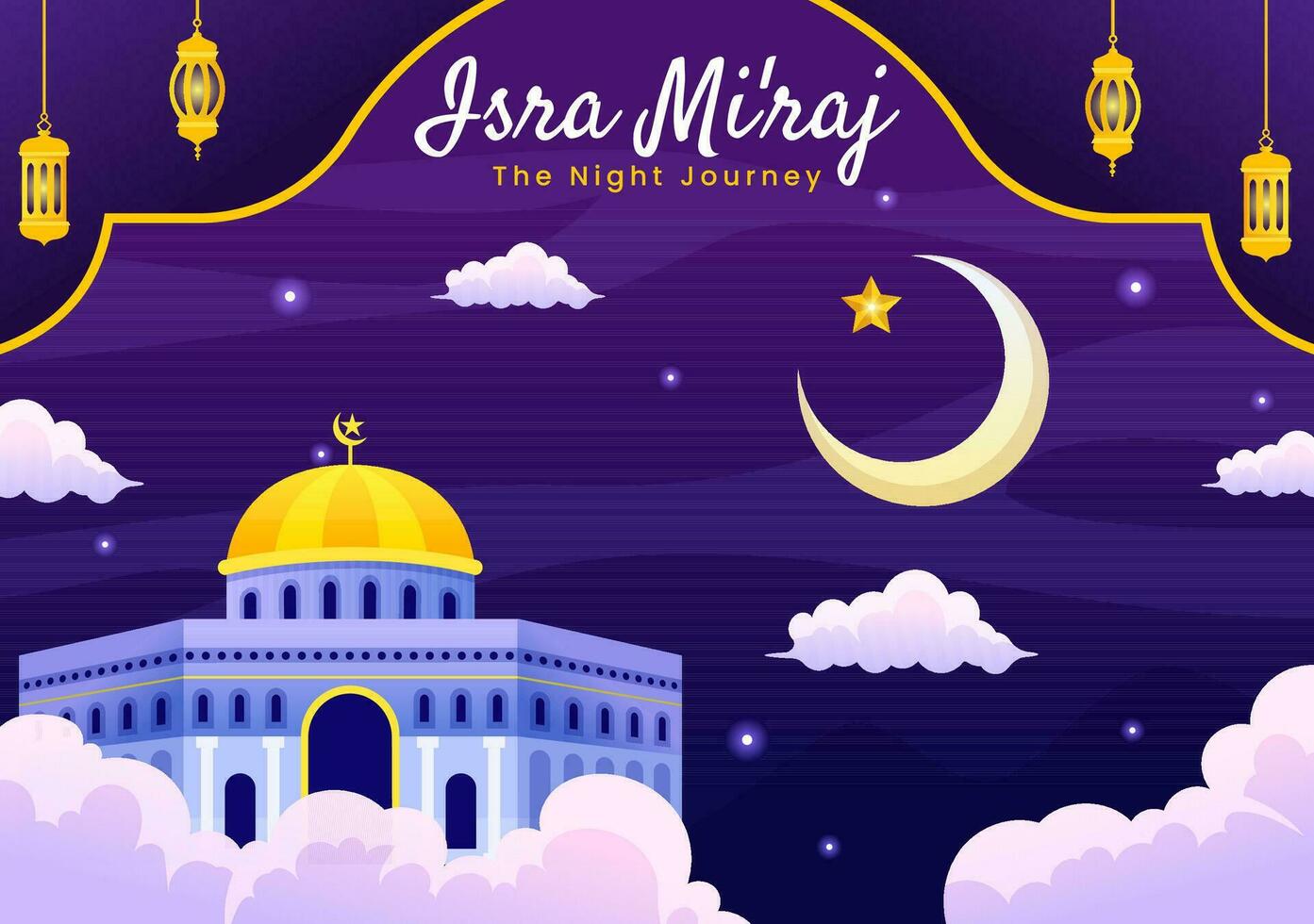 isra mi'raj Vektor Illustration. Übersetzung das Nacht Reise Prophet Mohammed. mit Moschee und Laterne im islamisch Urlaub eben Karikatur Hintergrund
