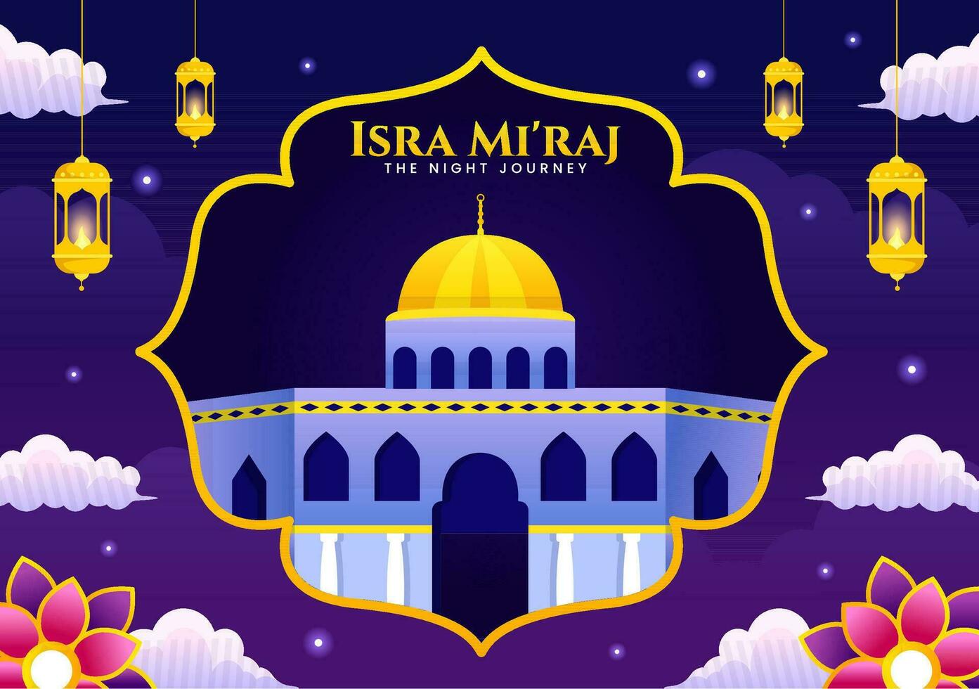 isra mi'raj Vektor Illustration. Übersetzung das Nacht Reise Prophet Mohammed. mit Moschee und Laterne im islamisch Urlaub eben Karikatur Hintergrund