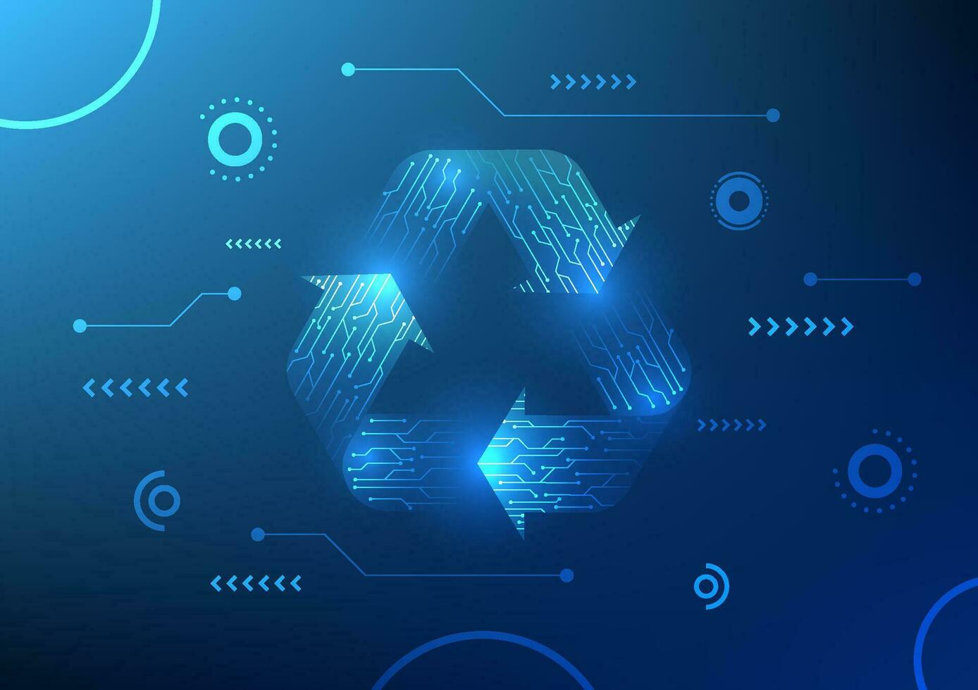 Technologie Hintergrund, Recycling Symbol Innerhalb ist ein technologisch Schaltkreis es verweist zu das Verwaltung von übrig bleiben Materialien Das sind genommen durch das Transformation Prozess zu bringen zurück zu verwenden nochmal vektor