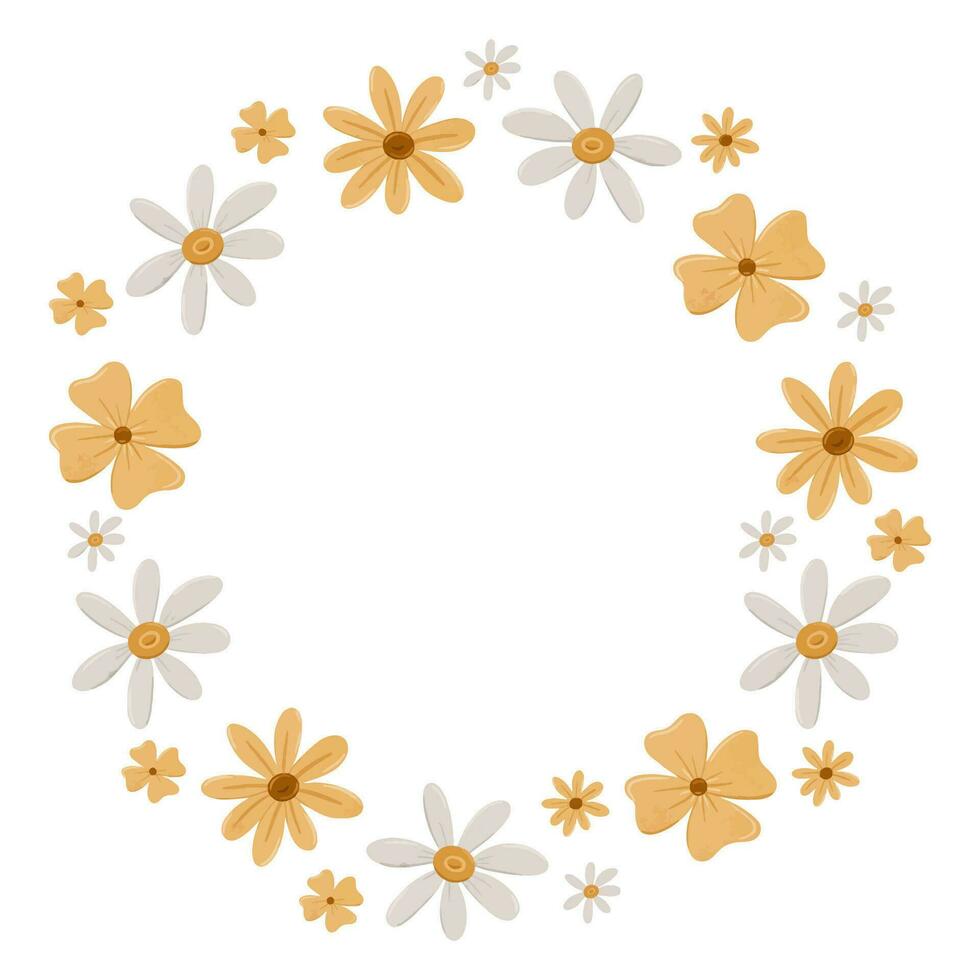 Söt krans med enkel daisy blommor. kamomill cirkel ram i scandinavian stil. stiliserade mycket liten blommor, digital illustration för kort, inbjudningar, dekorationer, logotyp vektor