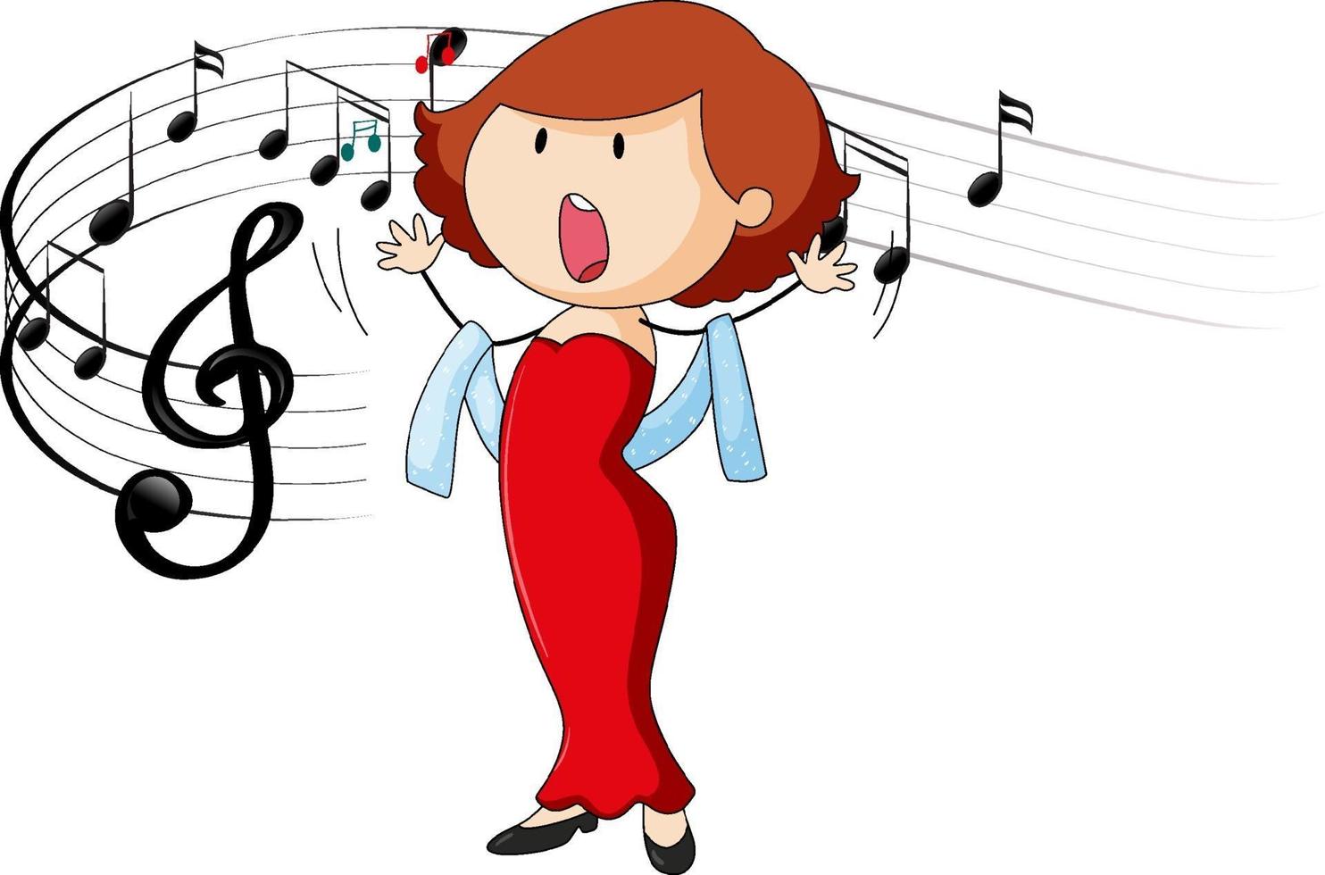 doodle tecknad karaktär av en sångerska som sjunger med melodisymboler vektor
