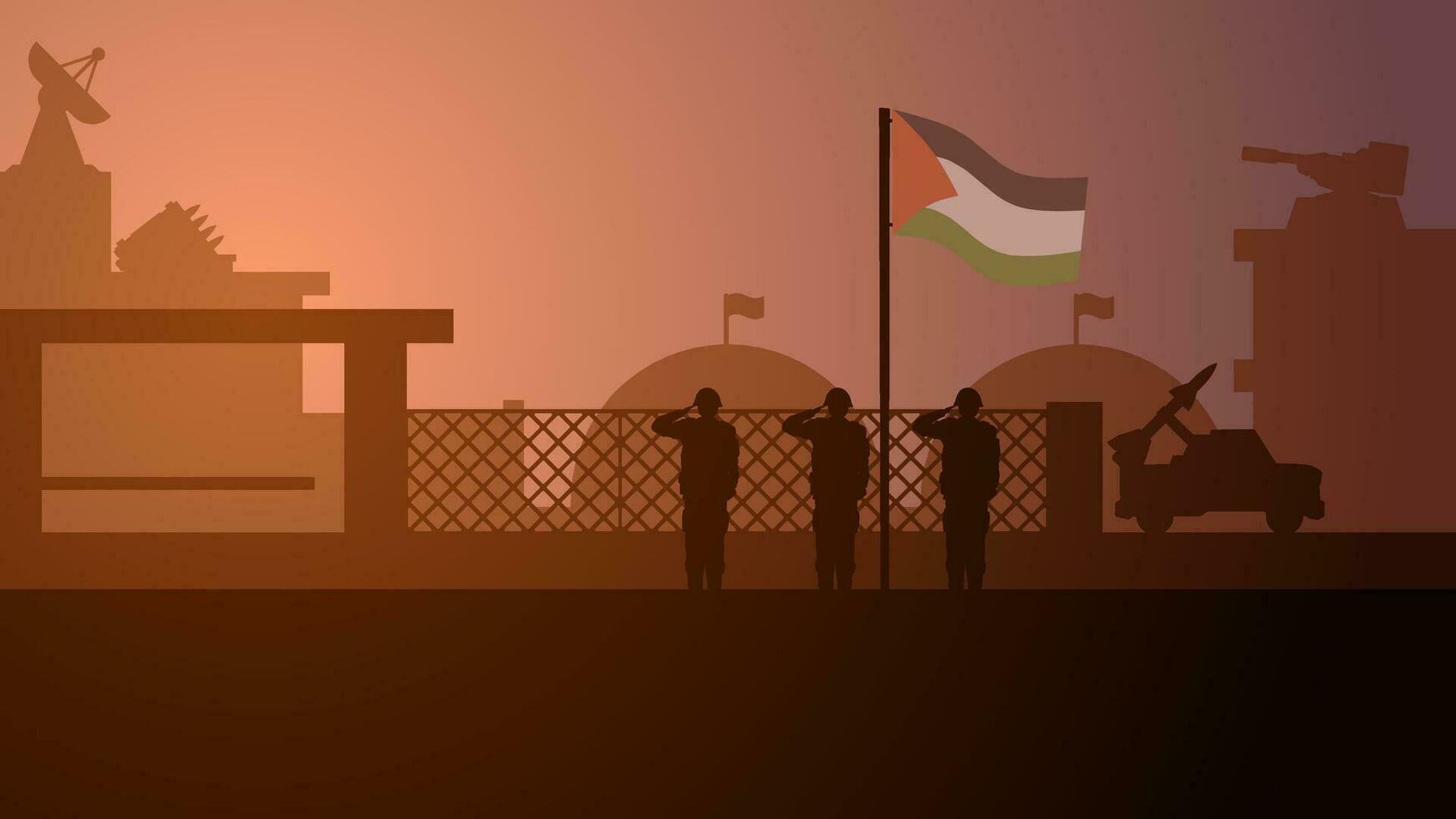 Palästina Militär- Base Landschaft Vektor Illustration. Silhouette von Heer Gruß zu Palästina Flagge im Militär- Base. Militär- Illustration zum Hintergrund, Hintergrund, Problem und Konflikt