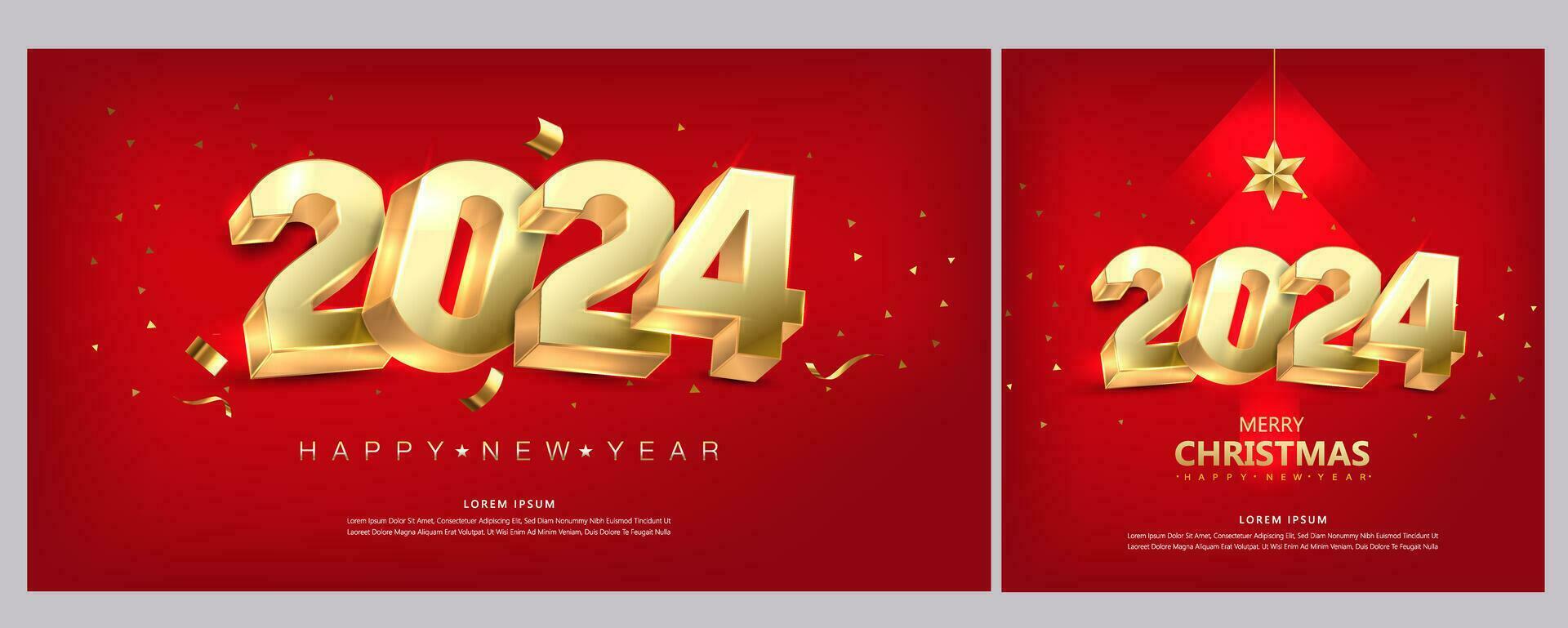 siffra 2024 3d skinande guld. röd bakgrund för Lycklig ny år 2024 firande. vektor