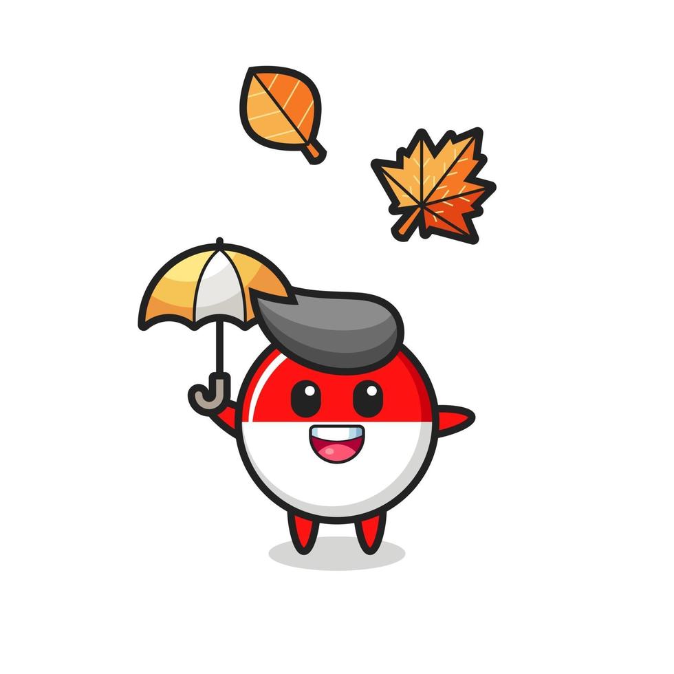 Cartoon des niedlichen indonesischen Flaggenabzeichens, das im Herbst einen Regenschirm hält vektor