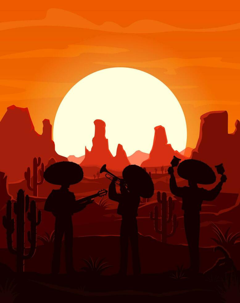Wüste Sonnenuntergang Landschaft mit Mexikaner Mariachi vektor