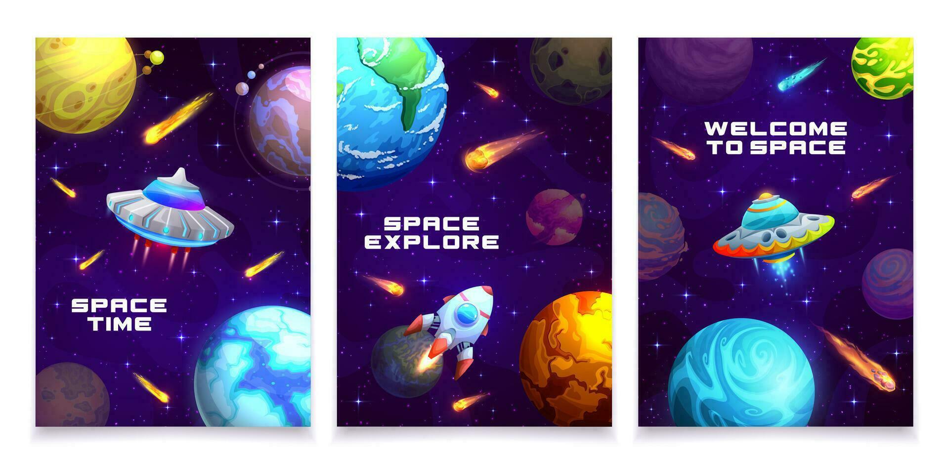 tecknad serie galax Plats affischer, vektor kosmisk kort