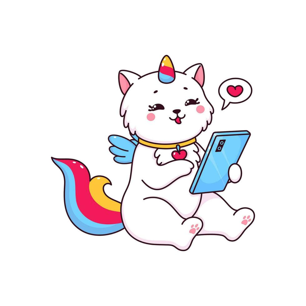 Karikatur Caticorn Katze Charakter mit Handy, Mobiltelefon Telefon vektor