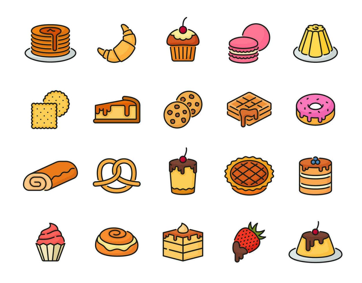 Dessert und Süss Bäckerei Farbe Gliederung Symbole einstellen vektor