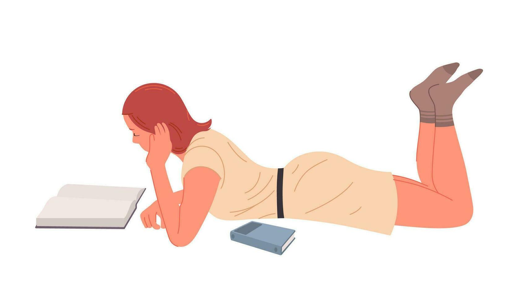 flicka läsning en bok liggande på de golv. utbildning hobby begrepp vektor illustration