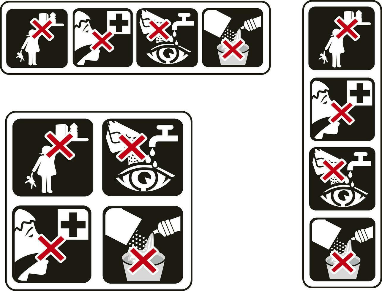 Symbole ohne Kinder, tun nicht aufnehmen, tun nicht mischen, Auge Pflege vektor