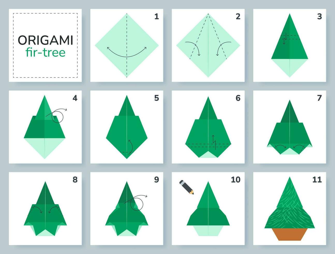 gran origami schema handledning rör på sig modell. origami för ungar. steg förbi steg på vilket sätt till göra en söt origami gran. vektor illustration.