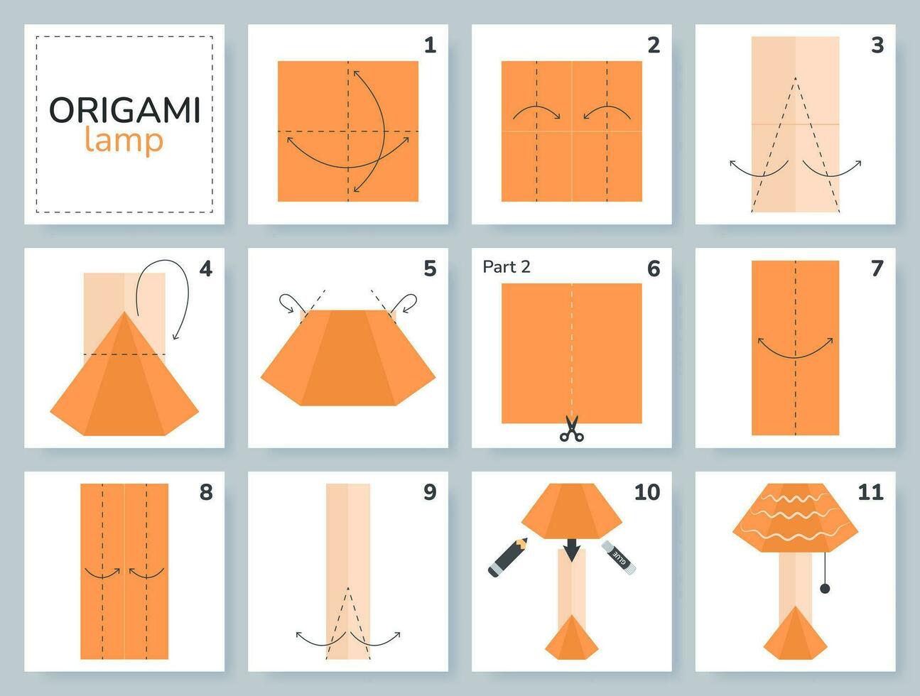 lampa origami schema handledning rör på sig modell. origami för ungar. steg förbi steg på vilket sätt till göra en söt origami golv lampa. vektor illustration.