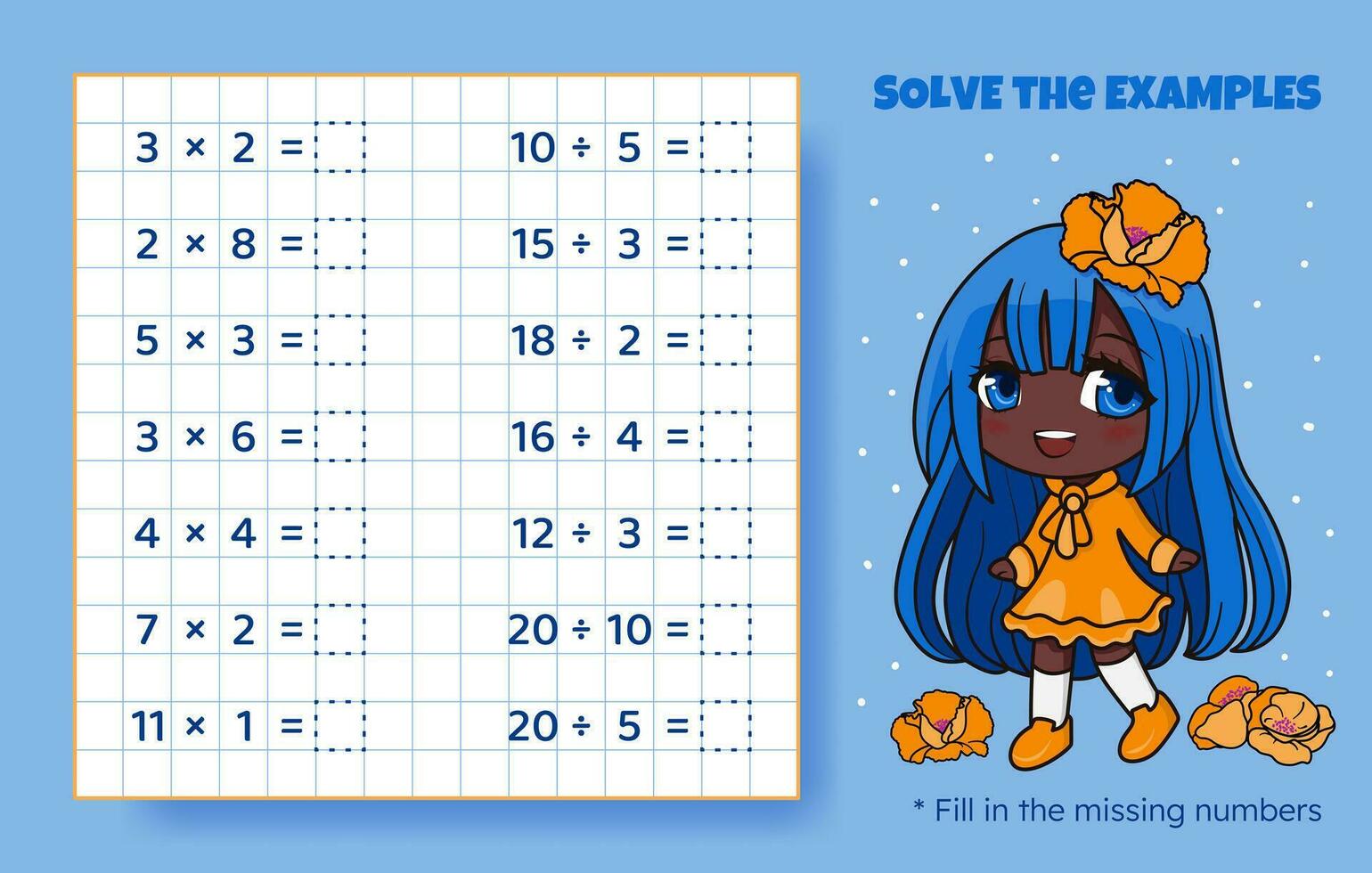 lösen das Beispiele. Multiplikation und Aufteilung oben zu 20. mathematisch Puzzle Spiel. Arbeitsblatt zum Vorschule Kinder. Vektor Illustration. Karikatur lehrreich Spiel mit süß Anime Mädchen zum Kinder.