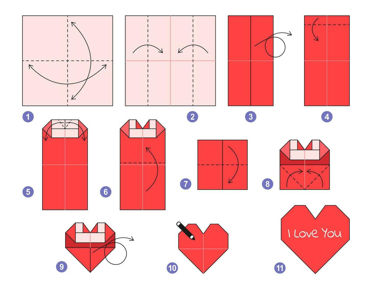 Herz Origami planen Lernprogramm ziehen um Modell. Origami zum Kinder. Schritt durch Schritt Wie zu machen ein süß Origami rot Herz. Vektor Illustration. glücklich Valentinstag Tag.