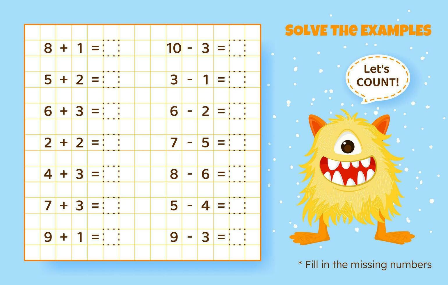 lösa de exempel. tillägg och subtraktion upp till 10. matematisk pussel spel. kalkylblad för förskola ungar. vektor illustration. tecknad serie pedagogisk spel med söt monster för barn.