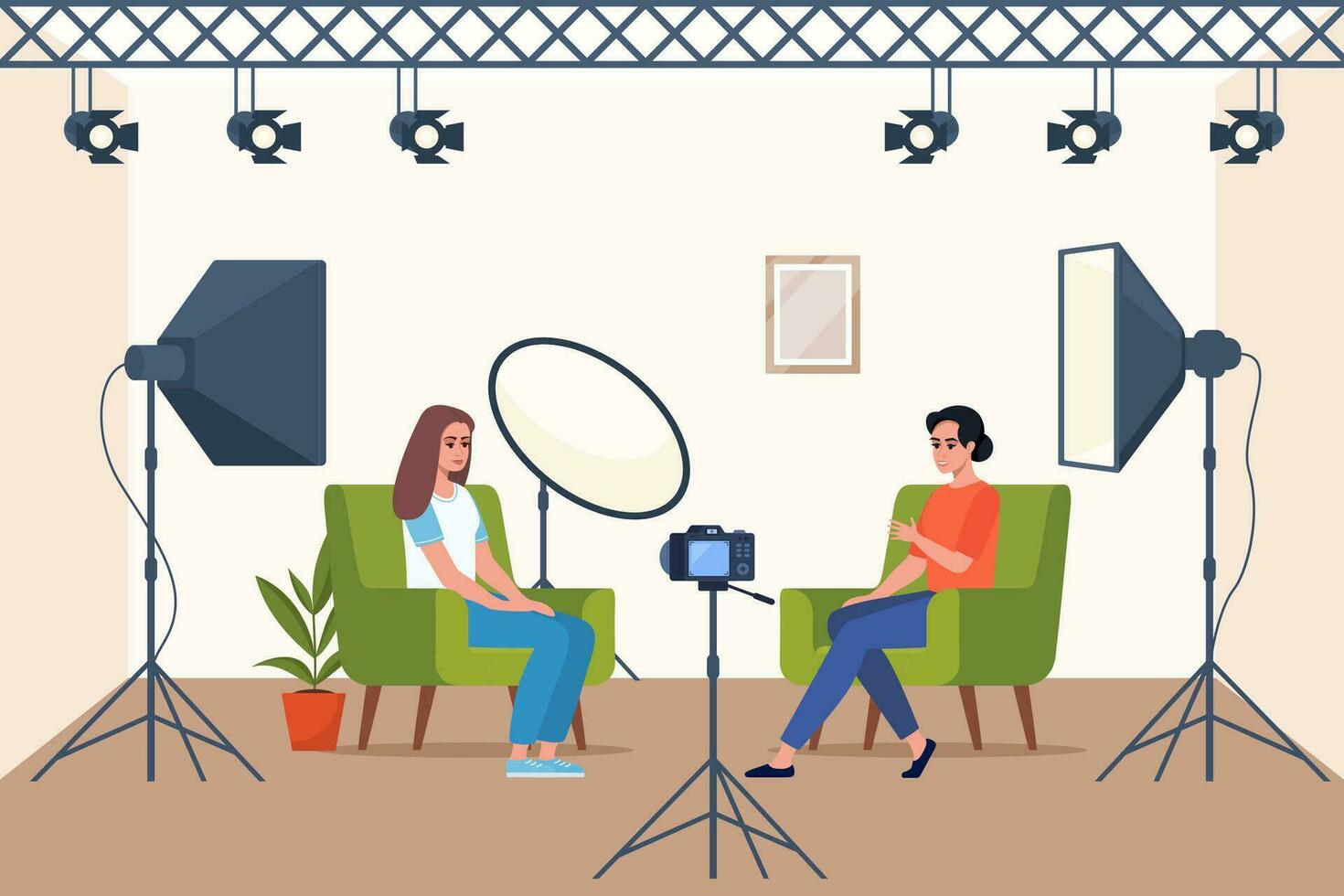 Schießen Interview im Fachmann Studio. Sanft Box Licht, Kamera, Scheinwerfer. Fachmann Ausrüstung zum Video Schießen. zwei Menschen haben Konversation auf Kamera, Herstellung Inhalt. Vektor Illustration.