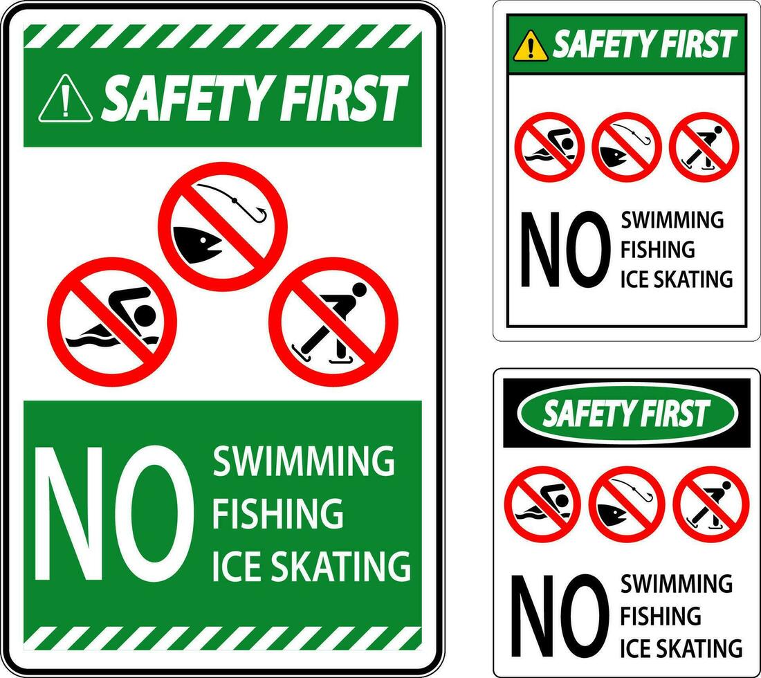 förbud tecken säkerhet först - Nej simning, fiske, is skridskoåkning vektor