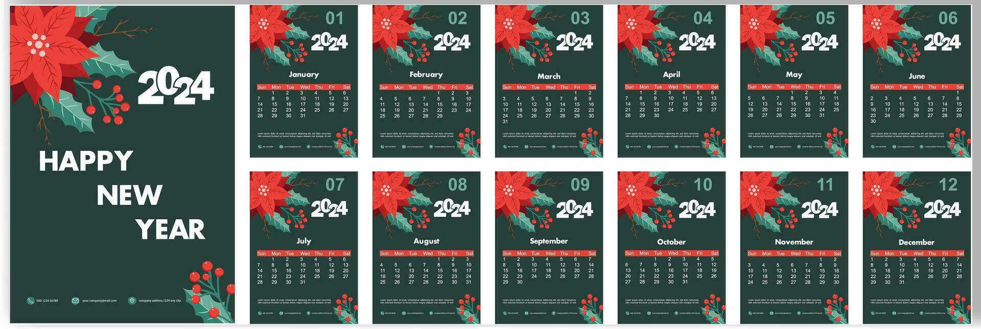 vektor skrivbord kalender 2024 mall 12 månader inkluderad