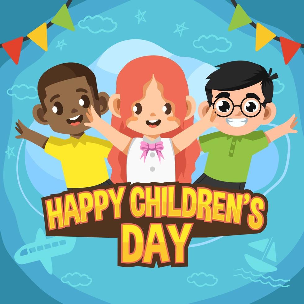 tre glada söta barn för barnens dag vektor