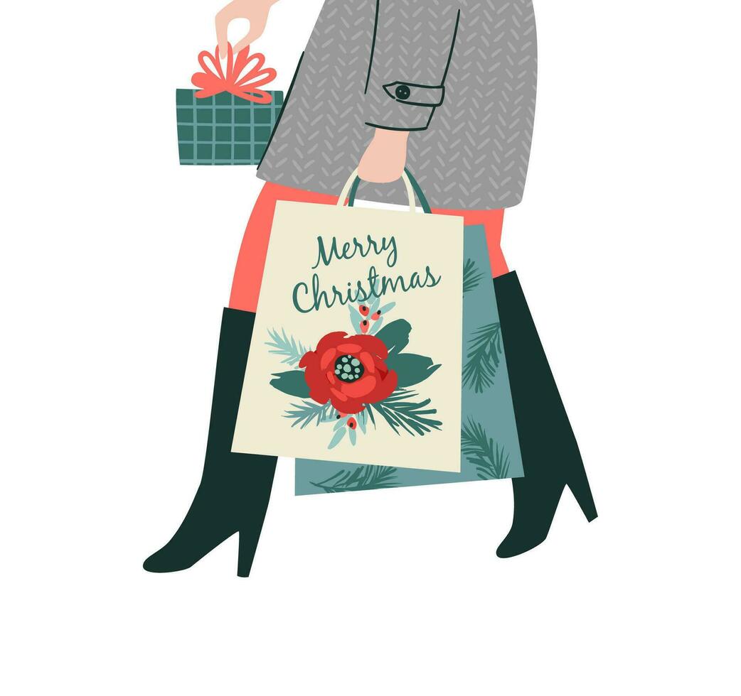 jul och Lycklig ny år isolerat illustration. lady bär gåvor. trendig retro stil. vektor design mall.