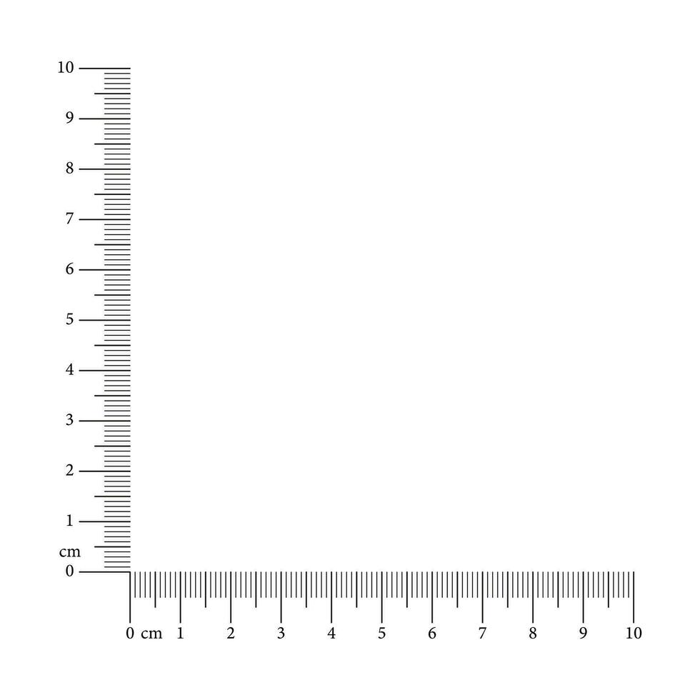 hörn linjal 10 centimeter. mall med millimeter, centimeter och pålägg, tal. mätning verktyg. vektor grafisk illustration.