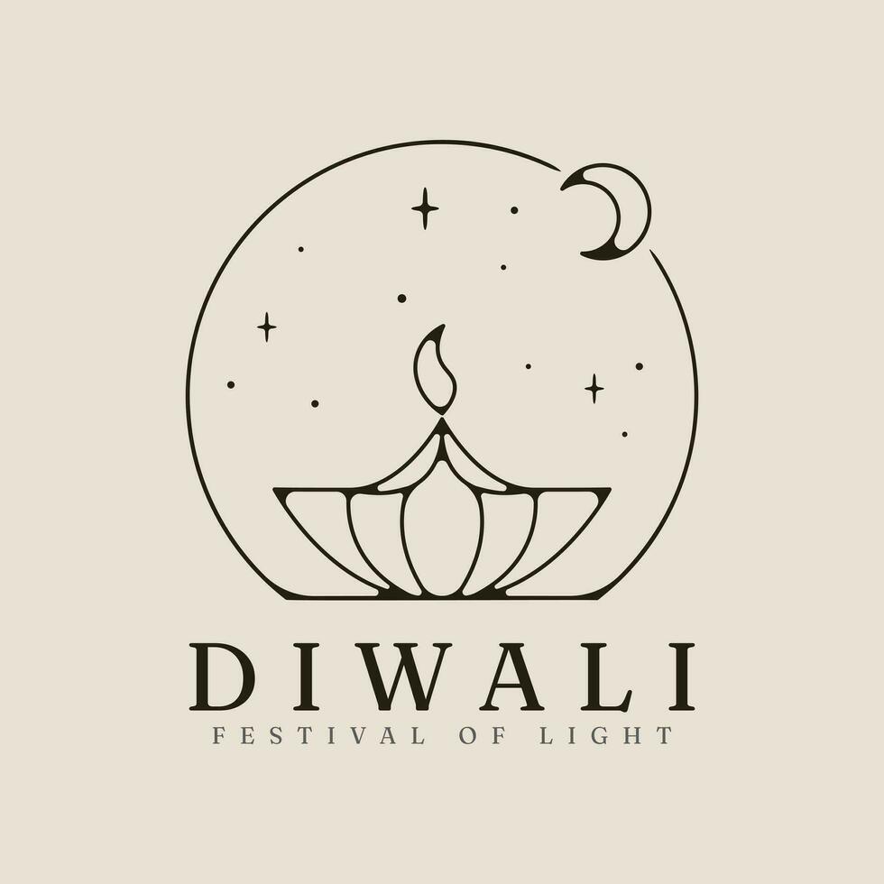 Lycklig diwali linje konst logotyp vektor, med emblem, måne och stjärna illustration med minimalistisk design. vektor