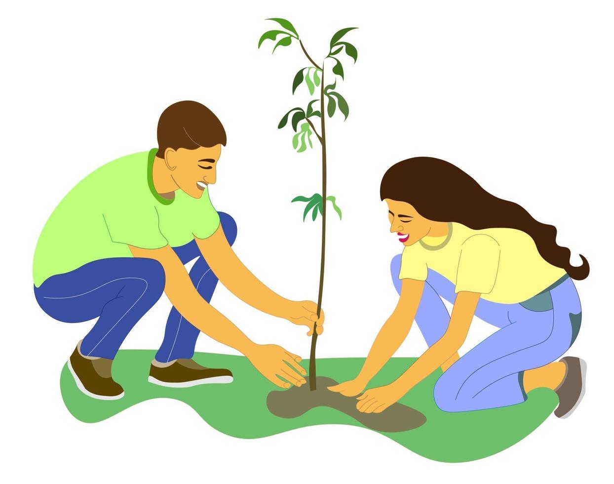 Mann und Frau pflanzen Baum. Gartenarbeit, Frühling, Stiel. Vektor. vektor