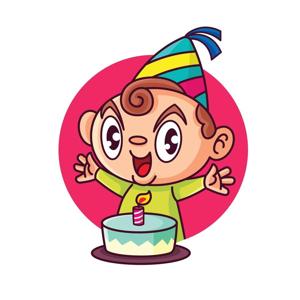 Cartoon süßes Kind feiert Geburtstag mit Kuchen vektor