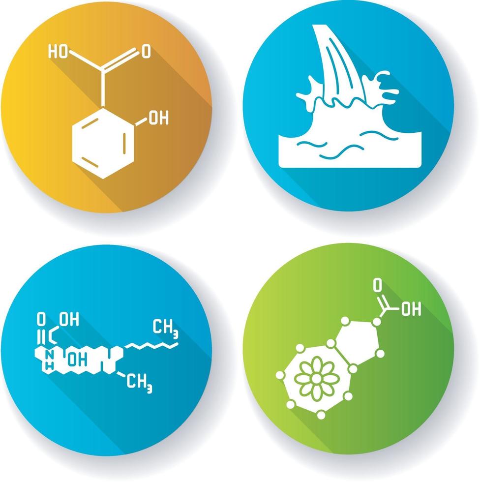 kosmetisk ingrediens platt design lång skugga glyph ikoner set vektor