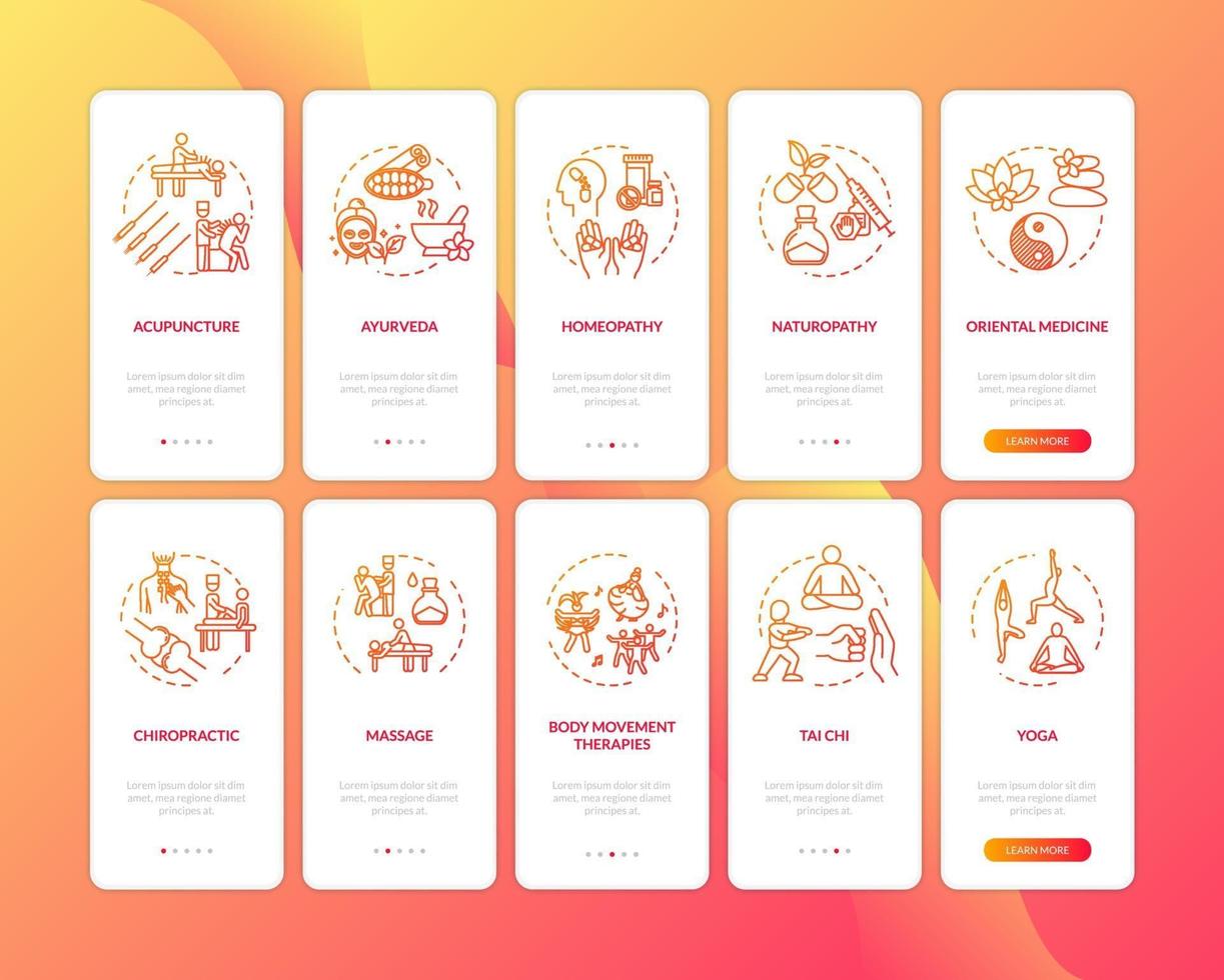 Bildschirm der Onboarding-App für Komplementärmedizin mit Konzepten vektor