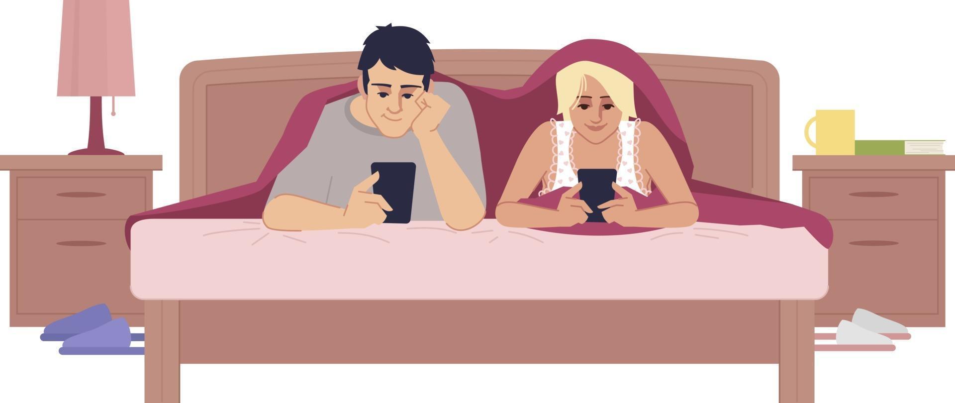par i sängen med mobiltelefoner halv platt rgb vektor illustration