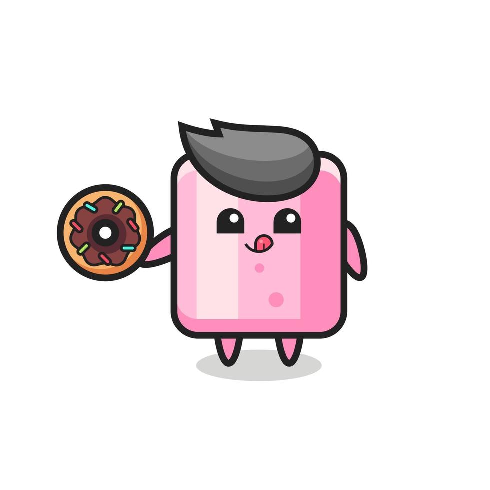 Illustration eines Marshmallow-Charakters, der einen Donut isst vektor