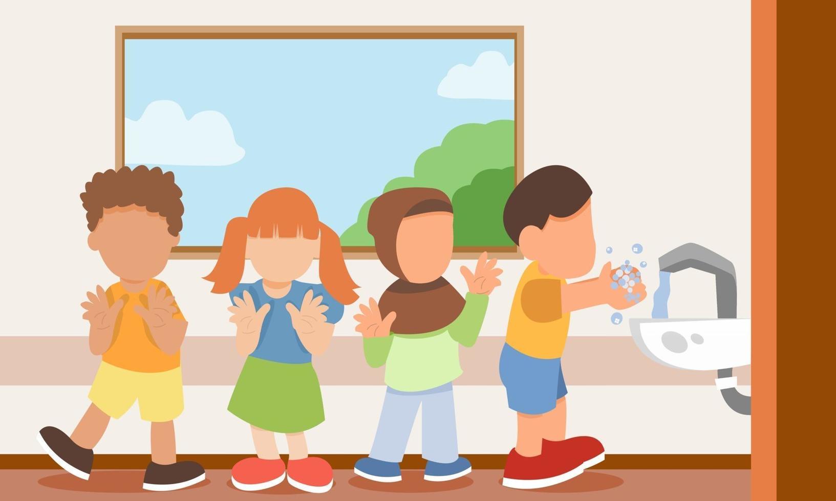 Kinder, die in der Schule zum Händewaschen anstehen vektor