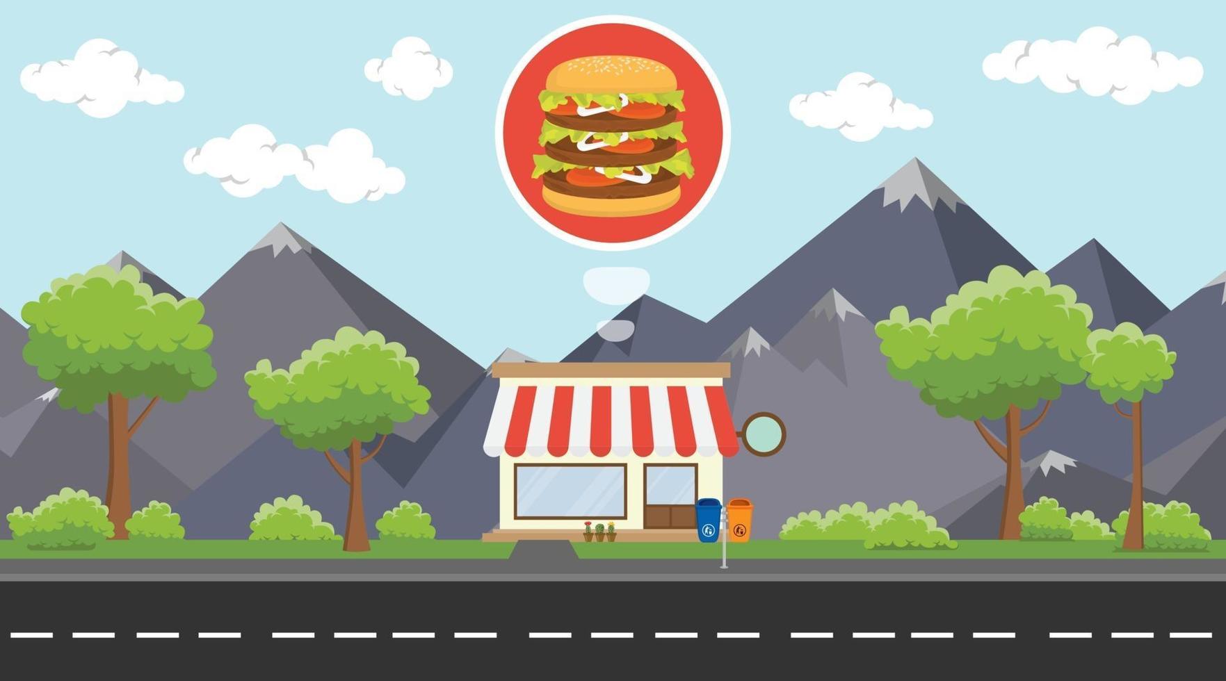 hamburgeraffär på bredvid gatan med utsikt över bergen vektor