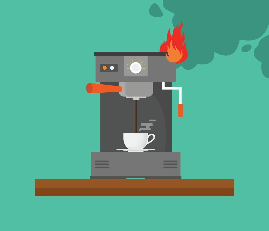 trasig kaffemaskin med rök och eld vektor