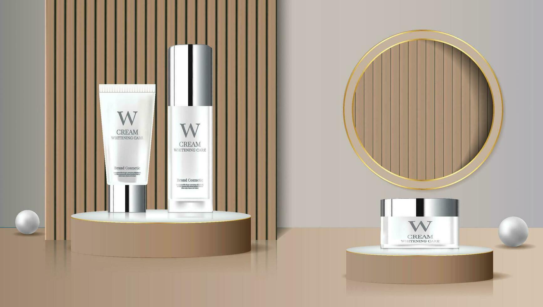 en uppsättning av hud vård produkt annonser med vit flaskor på minimalistisk stil podium skede vektor
