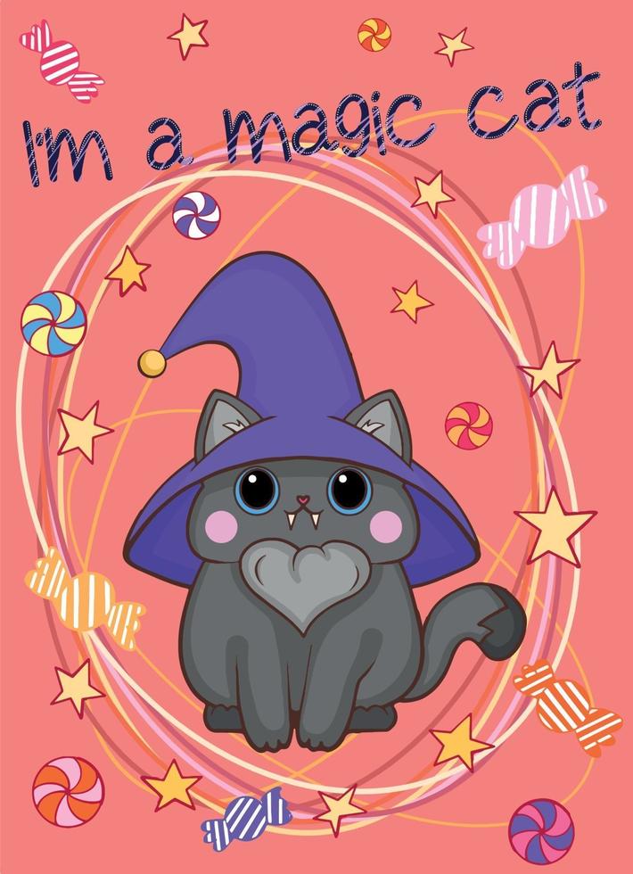 Cartoon-Illustration mit einer kleinen Katze in einem Hexenhut und Süßigkeiten vektor
