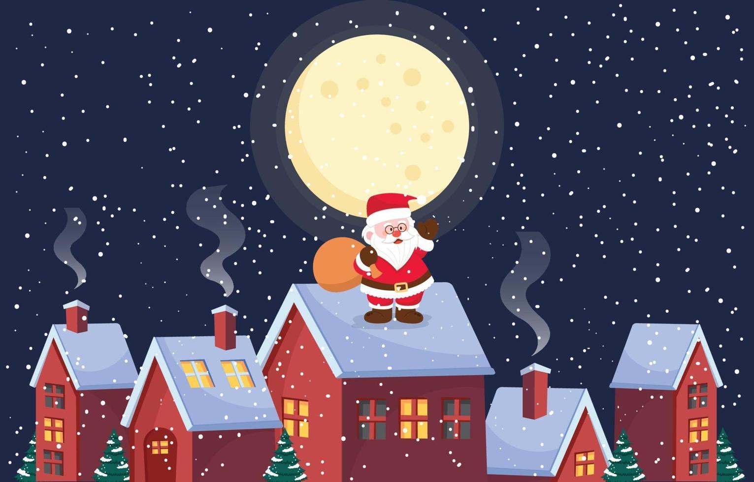 Weihnachtsmann steht auf dem Dach in verschneiter Nacht vektor