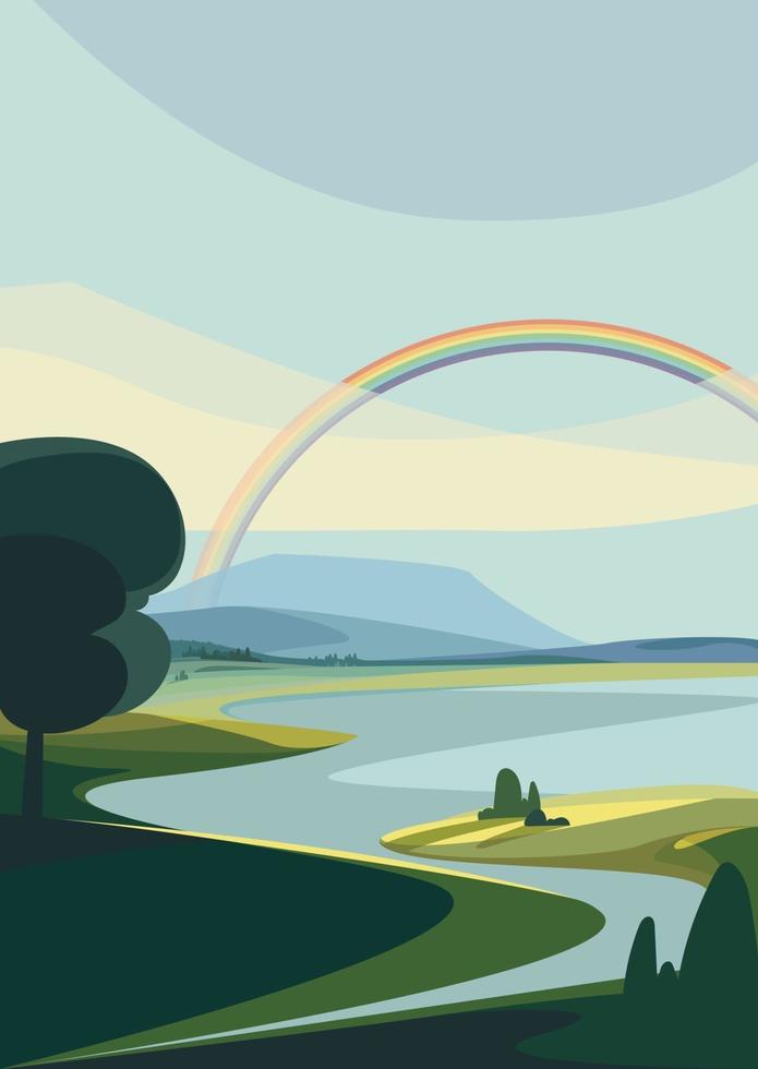 Landschaft mit Fluss und Regenbogen in vertikaler Ausrichtung. vektor