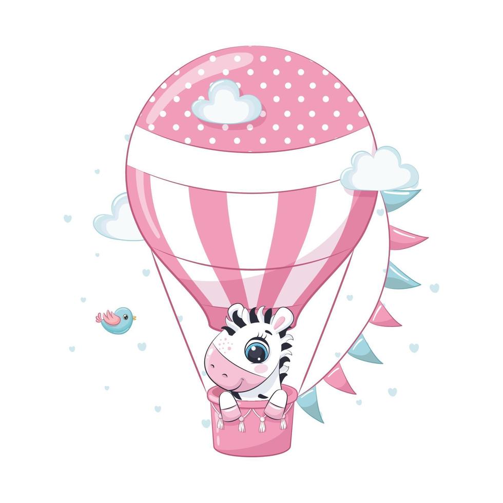 süßes Baby-Zebra auf einem Heißluftballon. Vektor-Illustration. vektor