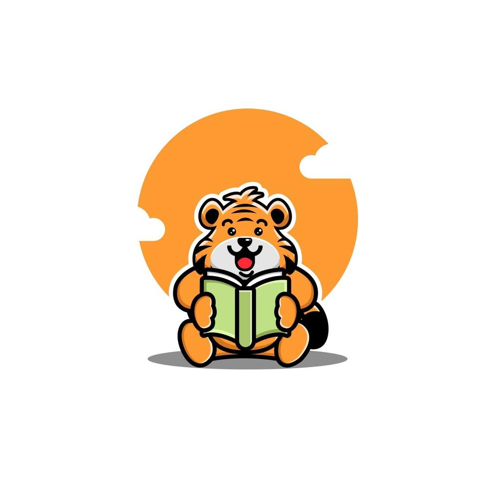 söt tiger läser bok tecknad ikon illustration vektor