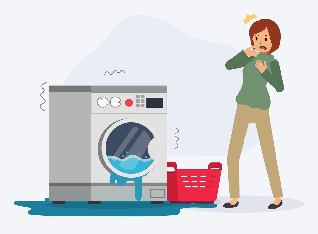 kvinnan är chockerande på grund av att hennes tvättmaskin är trasig. vektor