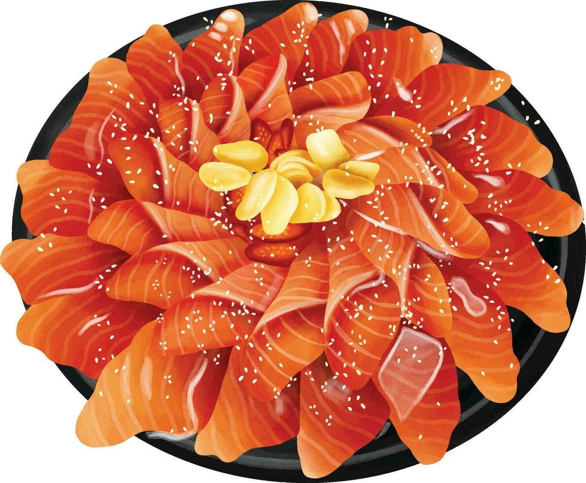 lax sashimi toppade med vit sesam sätta på en svart tallrik. traditionell asiatisk mat för befordran, baner, meny, flygblad, annons, papper. vektor illustration.