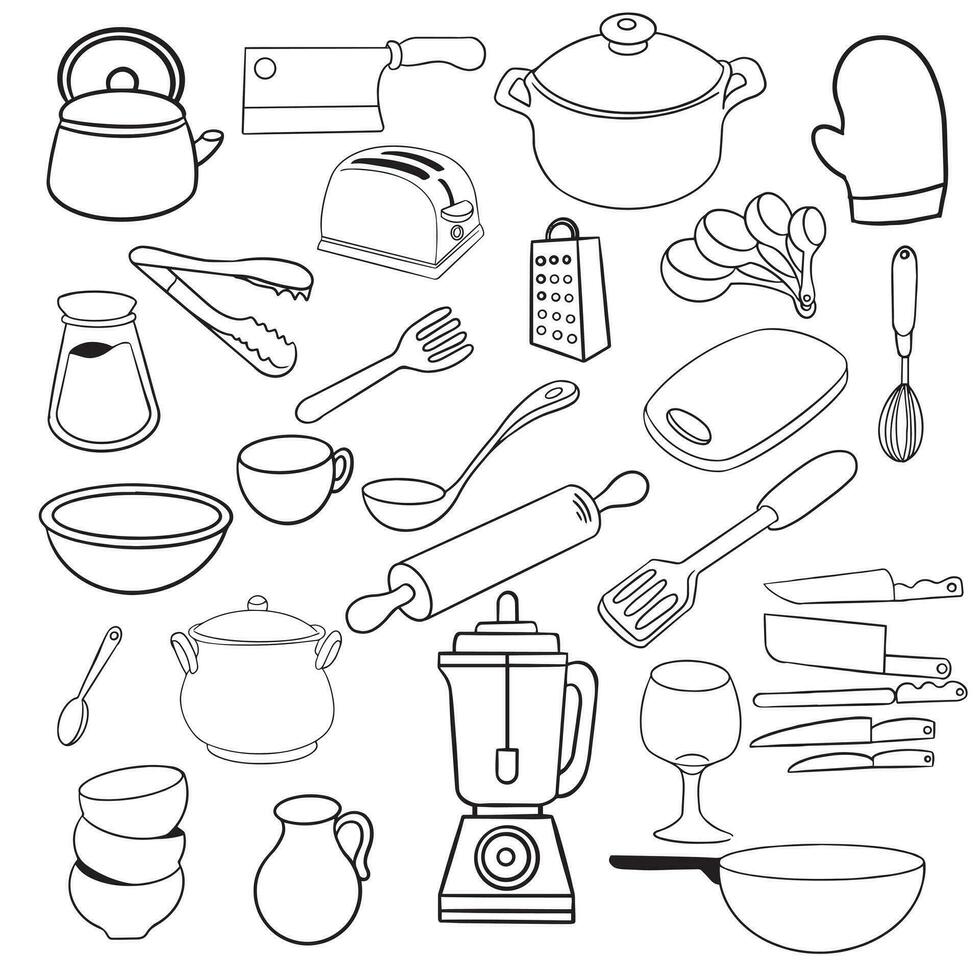 kök klotter ikon uppsättning. hand dragen rader kök matlagning verktyg och vitvaror, köksutrustning, redskap tecknad serie ikoner samling. vektor illustration.
