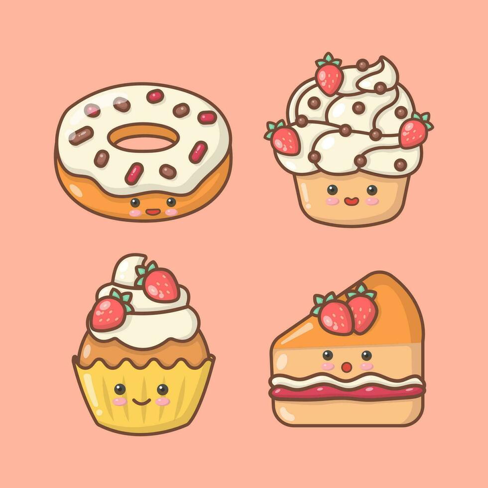 Vektor Hand gezeichnet Dessert Süss Krapfen Cupcake Sahne Brownies Käsekuchen kawai süß Illustration
