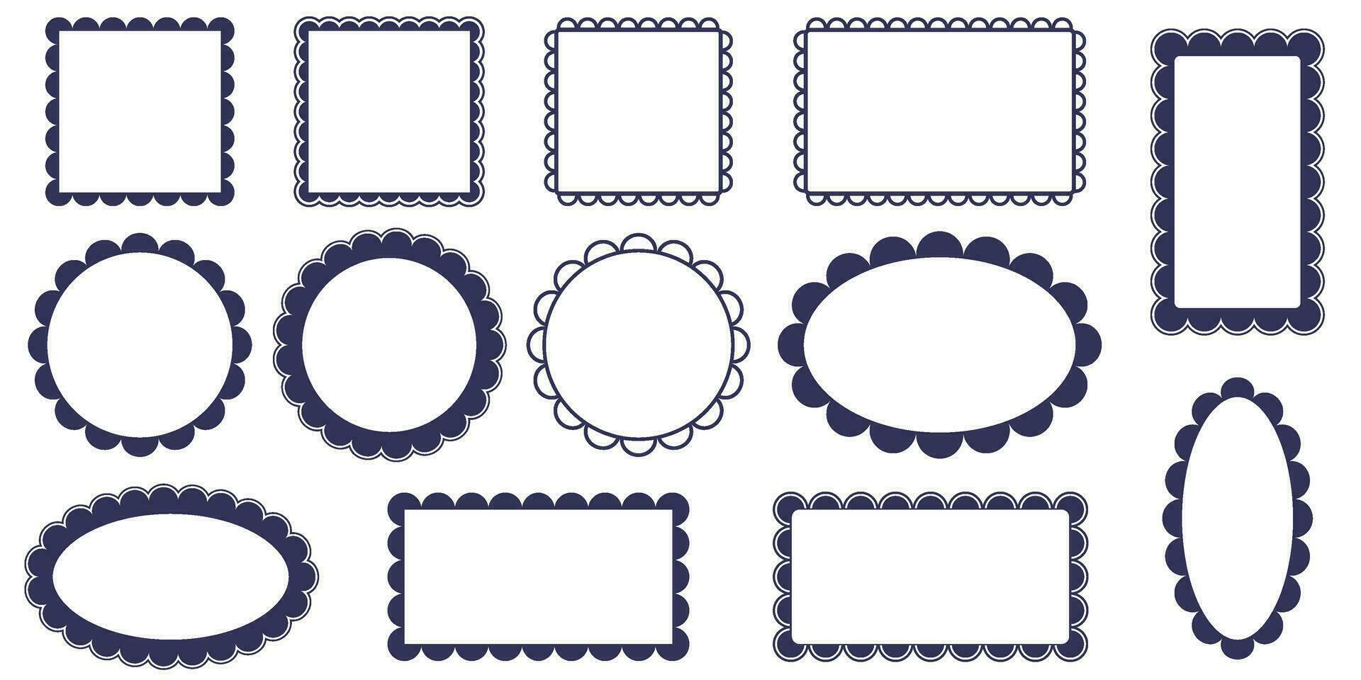 Sammlung von Jakobsmuschel schwarz Linie und Silhouette rahmen. Verkauf Stichworte im anders Formen Quadrat, Kreis und Oval. Vektor Illustration einstellen