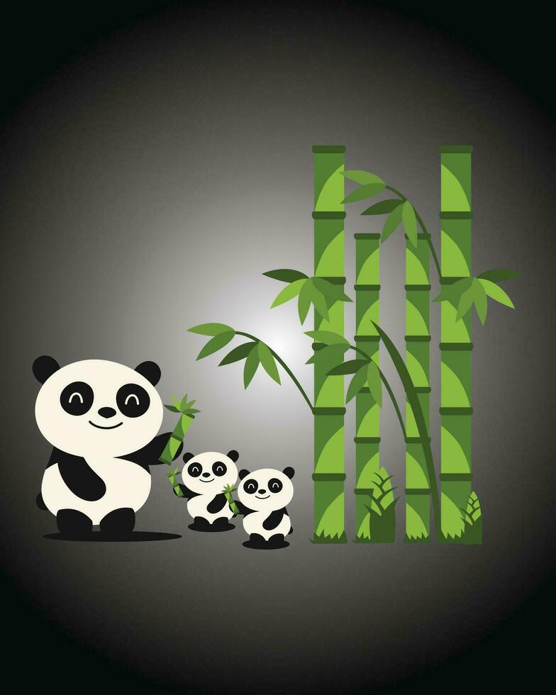 vektor illustration av mor panda med barn festande på bambu i de skog, svart bakgrund