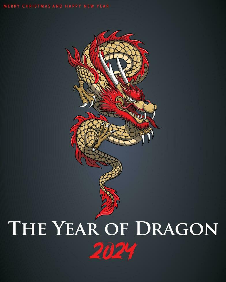 Lycklig kinesisk ny år 2024 med realistisk röd drake. vektor